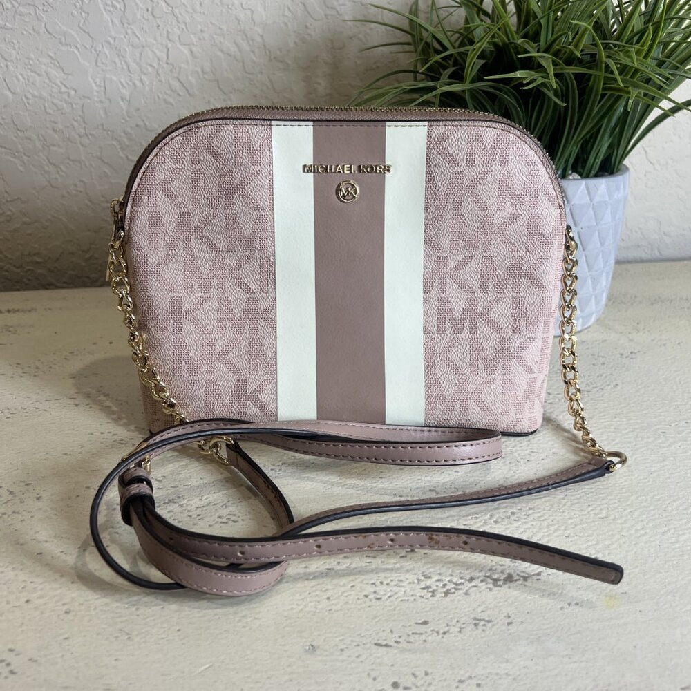 Michael Kors CINDY DOME CENTER STRIPE CROSSBODY BAG White/Pink Purse